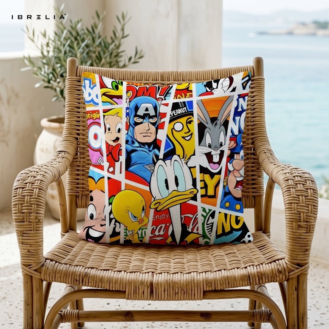 Cartoon & Superhero Collage Cushion – Donald Duck, Bugs Bunny, Tweety, Captain America & Mario Pillow 15x15 Inch | Double-Sided Print | IBRELIA™ IBRELIA