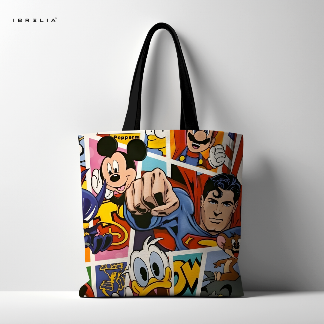 IBRELIA™ Cartoon & Superhero Collage Tote Bag – Premium Pop Culture Graphic Tote IBRELIA