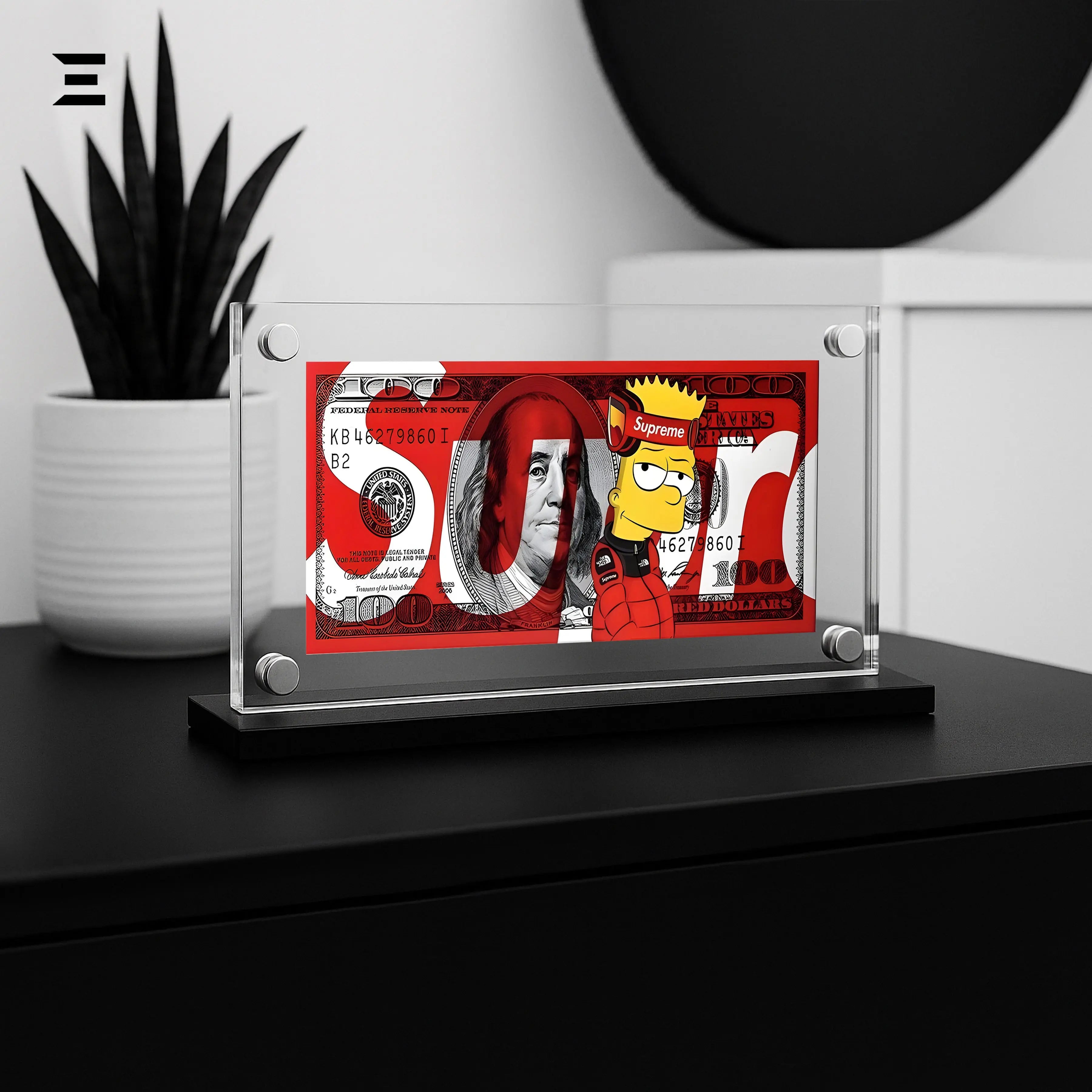 Premium Magnetic Acrylic Frame with Black Base – Bart Simpson x Supreme $100 Dollar Art IBRELIA