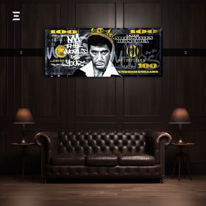 Ultra Wide Wall Art – Scarface “The World Is Yours” Dollar Edition | IBRELIA™