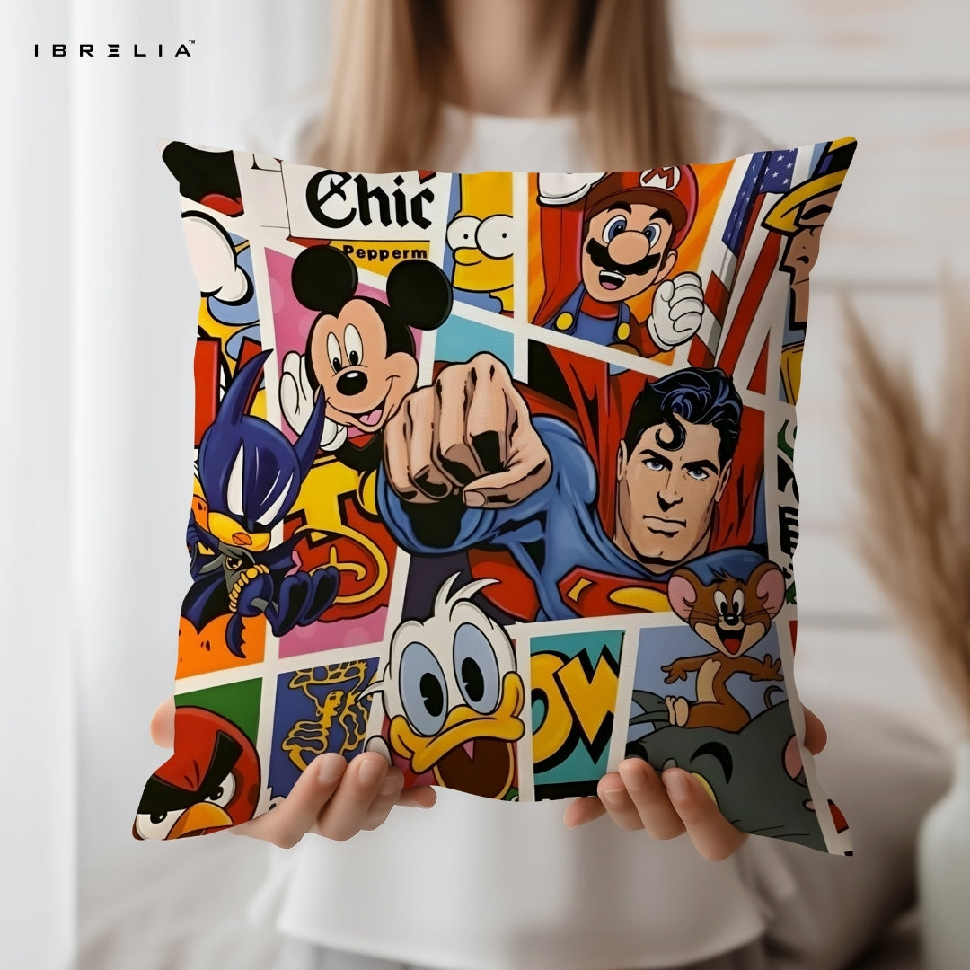 Cartoon Icons Cushion – Mickey Mouse, Superman, Mario, Tom & Jerry Pop Art Pillow 15x15 Inch | Double-Sided Print | IBRELIA™ IBRELIA