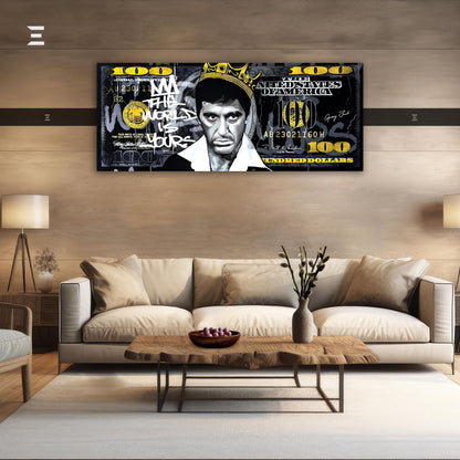 Ultra Wide Wall Art – Scarface “The World Is Yours” Dollar Edition | IBRELIA™