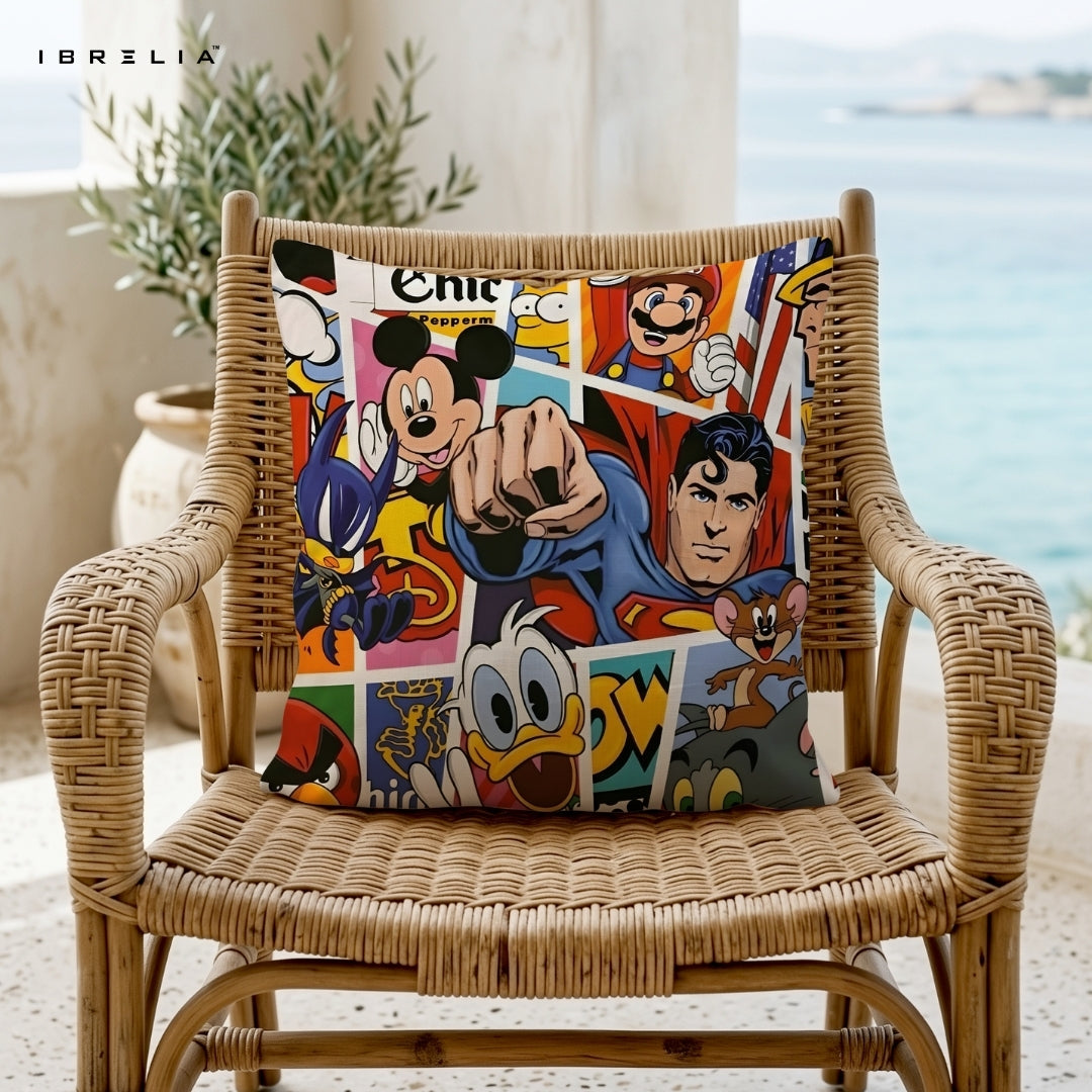Cartoon Icons Cushion – Mickey Mouse, Superman, Mario, Tom & Jerry Pop Art Pillow 15x15 Inch | Double-Sided Print | IBRELIA™ IBRELIA