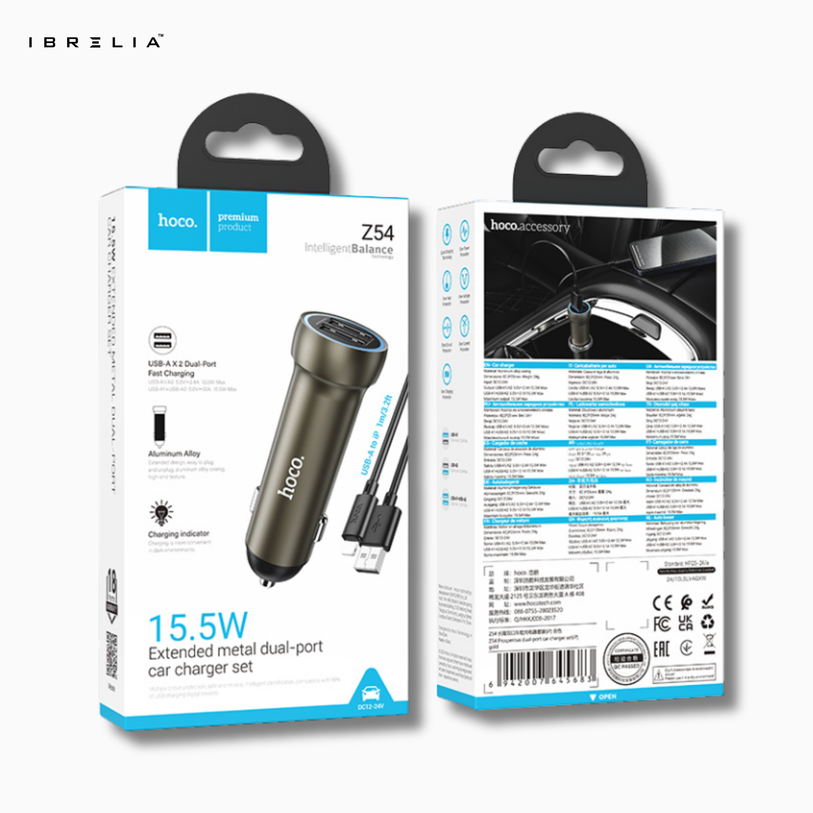 HOCO Z54 Prosperous 15.5W Dual-Port Car Charger Set (Lightning Cable) | IBRELIA™