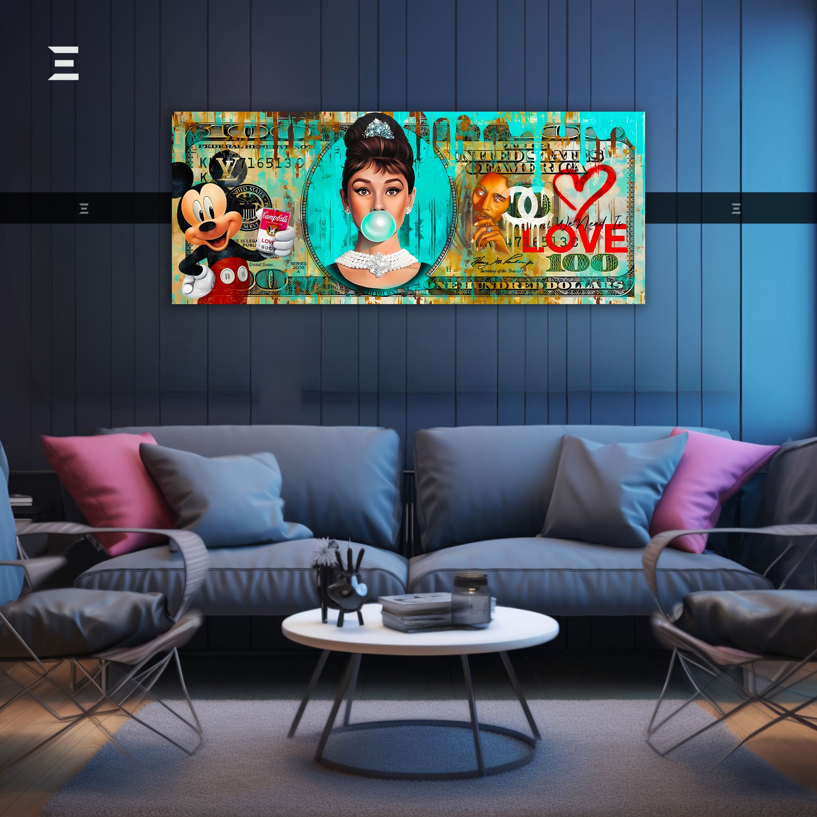 Ultra Wide Wall Art – Turquoise Pop Culture Money Collage Edition | IBRELIA™