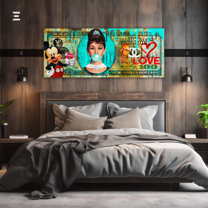 Ultra Wide Wall Art – Turquoise Pop Culture Money Collage Edition | IBRELIA™