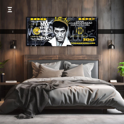 Ultra Wide Wall Art – Scarface “The World Is Yours” Dollar Edition | IBRELIA™