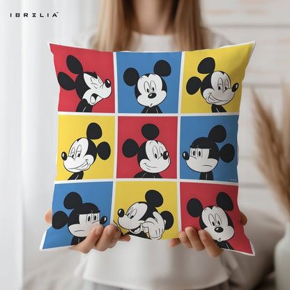 Mickey Mouse Pop Art Cushion – Color Grid Cartoon Pillow 15x15 Inch | Double-Sided Print | Fibre Filling | IBRELIA™ IBRELIA