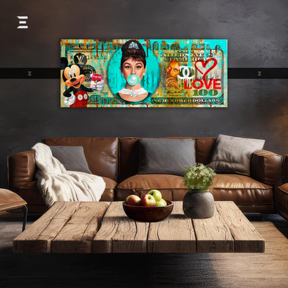 Ultra Wide Wall Art – Turquoise Pop Culture Money Collage Edition | IBRELIA™