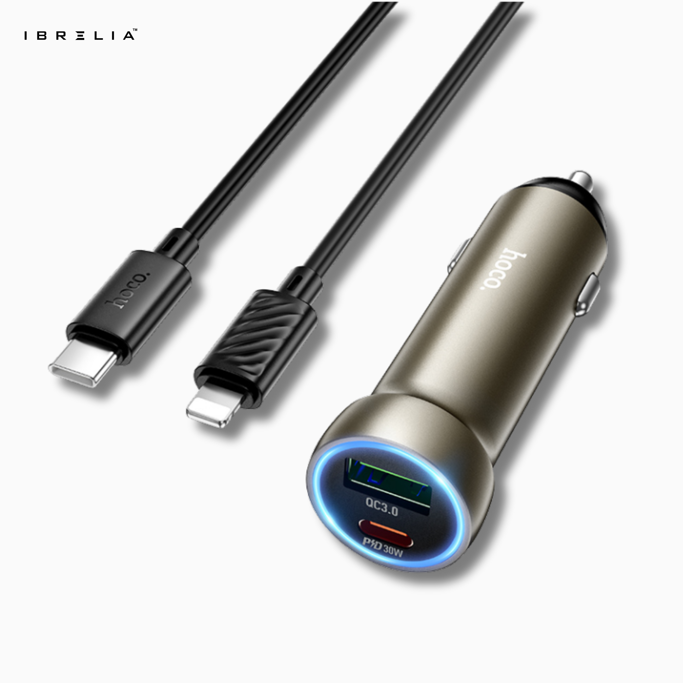 HOCO Z54A Prosperous 48W Dual-Port PD30W + QC3.0 Car Charger Set (C to iP) | IBRELIA™