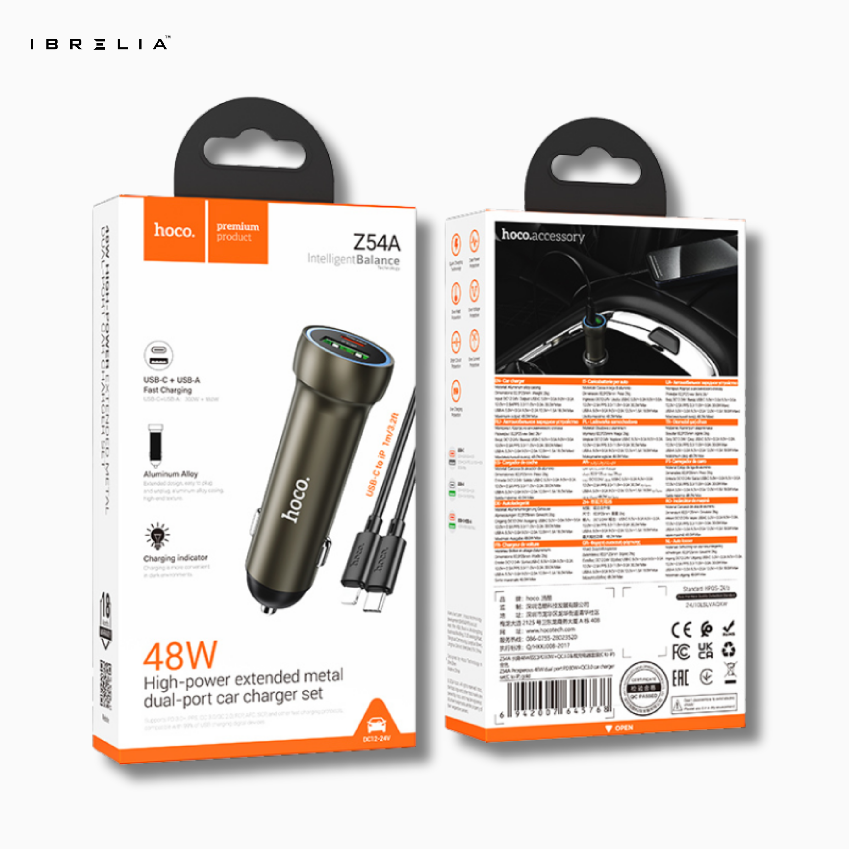 HOCO Z54A Prosperous 48W Dual-Port PD30W + QC3.0 Car Charger Set (C to iP) | IBRELIA™