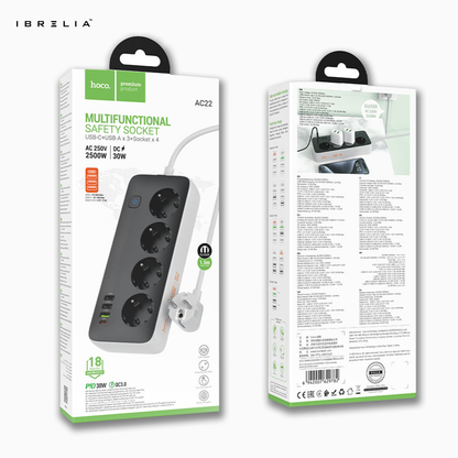 HOCO AC22 Sunlight 4-Bit Multifunctional Safety Socket (PD30W / 1C3A) – 2500W Desktop Power Strip | IBRELIA™
