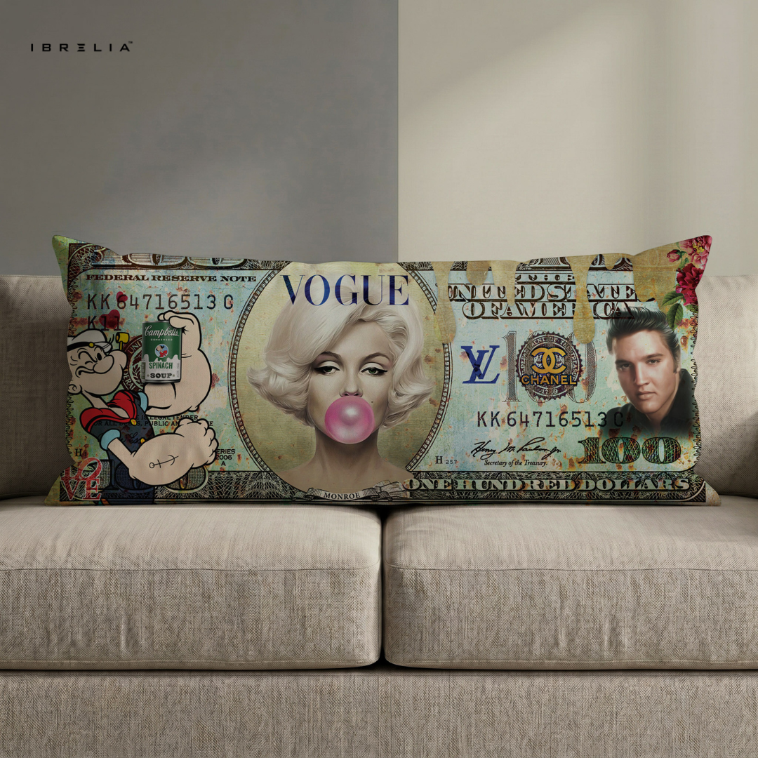 IBRELIA™ Vogue Pop Icons Ultra Wide Cushion – Premium Jute Luxury Sofa Pillow (46 x 19 Inches) IBRELIA