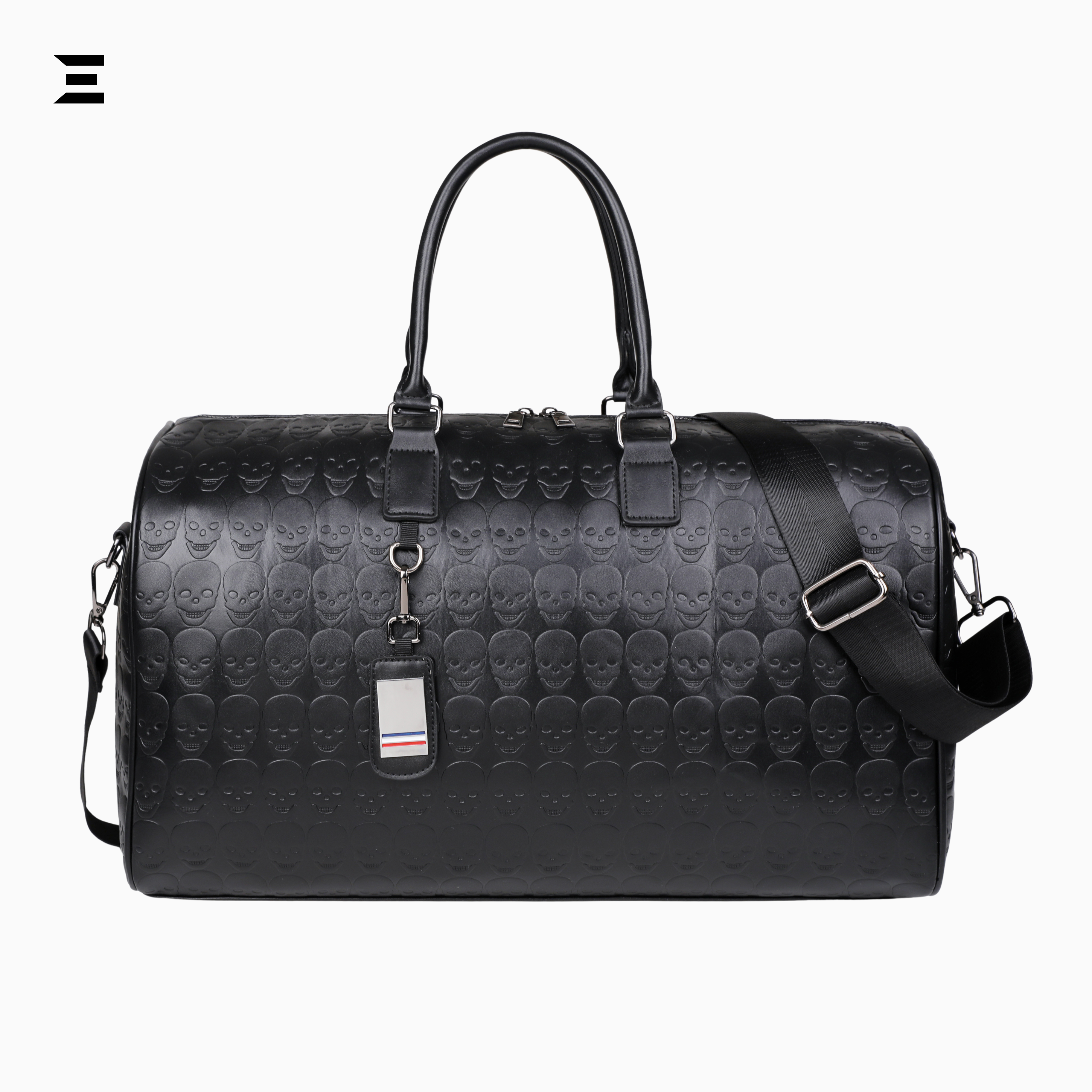 Black Skull Embossed Leather Travel Duffle Bag – Large Capacity Multi-Functional Luggage Bag IBRELIA
