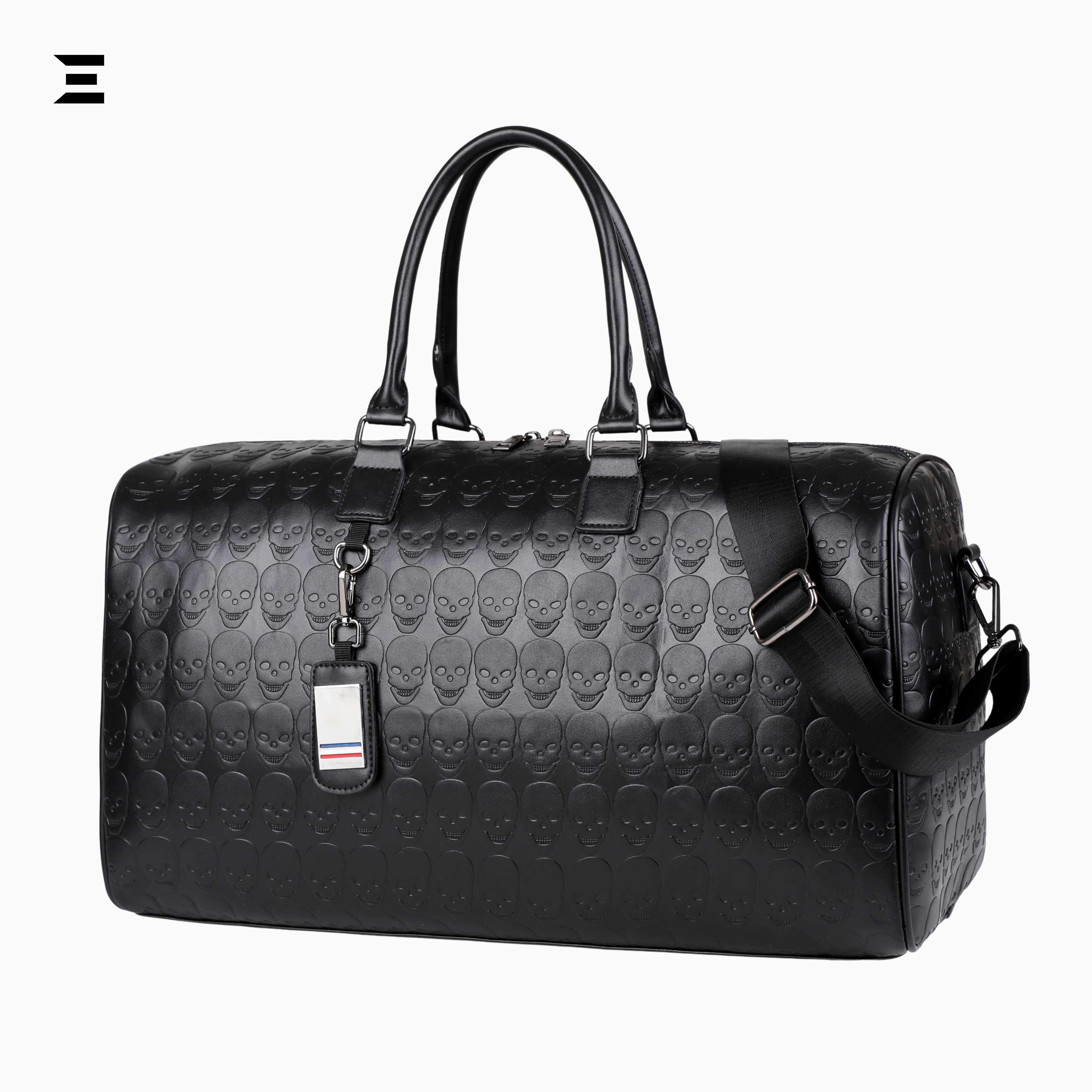 Black Skull Embossed Leather Travel Duffle Bag – Large Capacity Multi-Functional Luggage Bag IBRELIA
