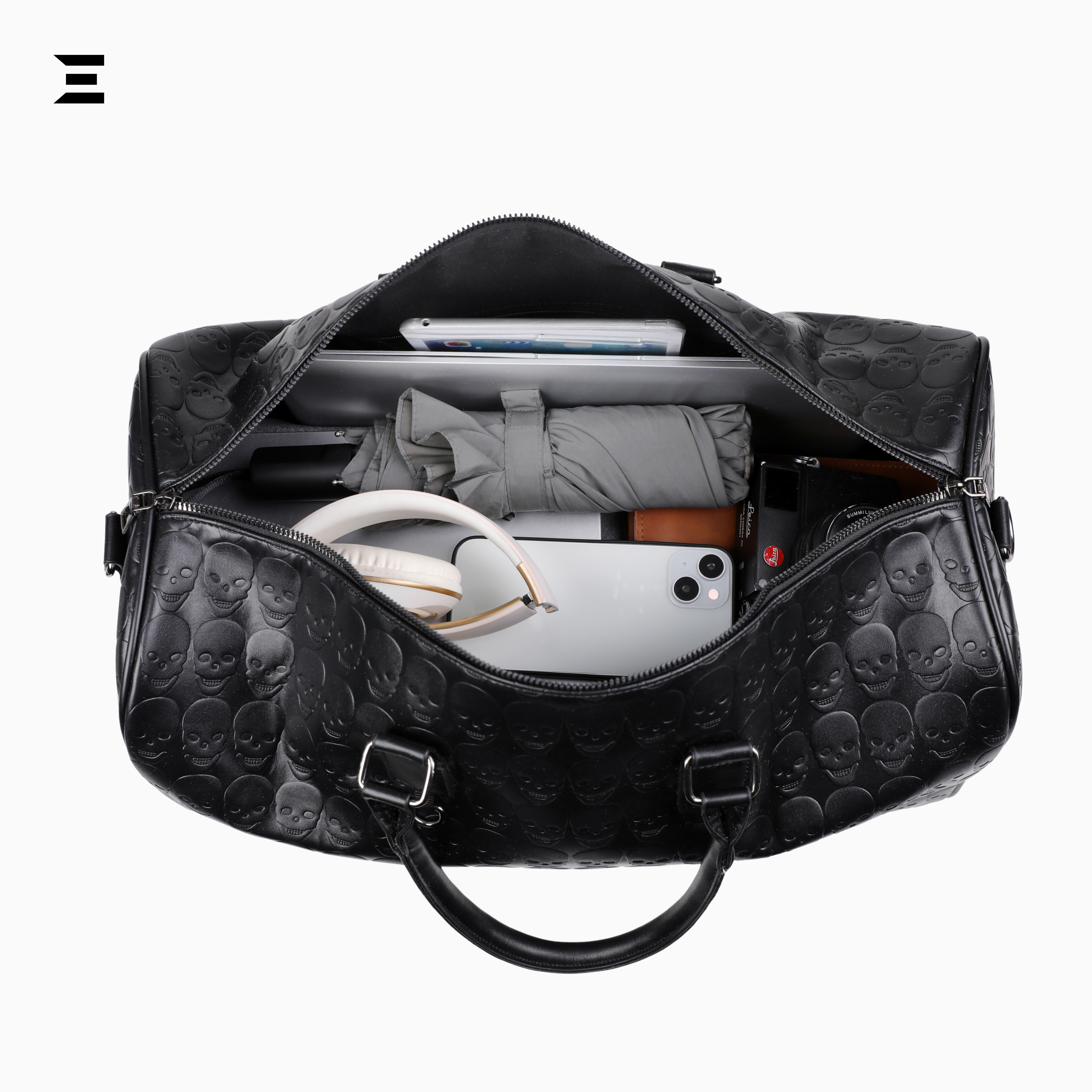 Black Skull Embossed Leather Travel Duffle Bag – Large Capacity Multi-Functional Luggage Bag IBRELIA