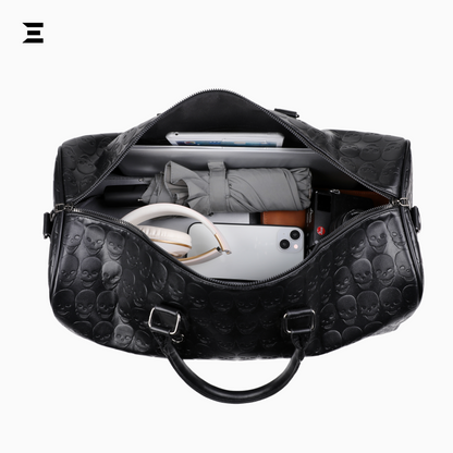 Black Skull Embossed Leather Travel Duffle Bag – Large Capacity Multi-Functional Luggage Bag IBRELIA