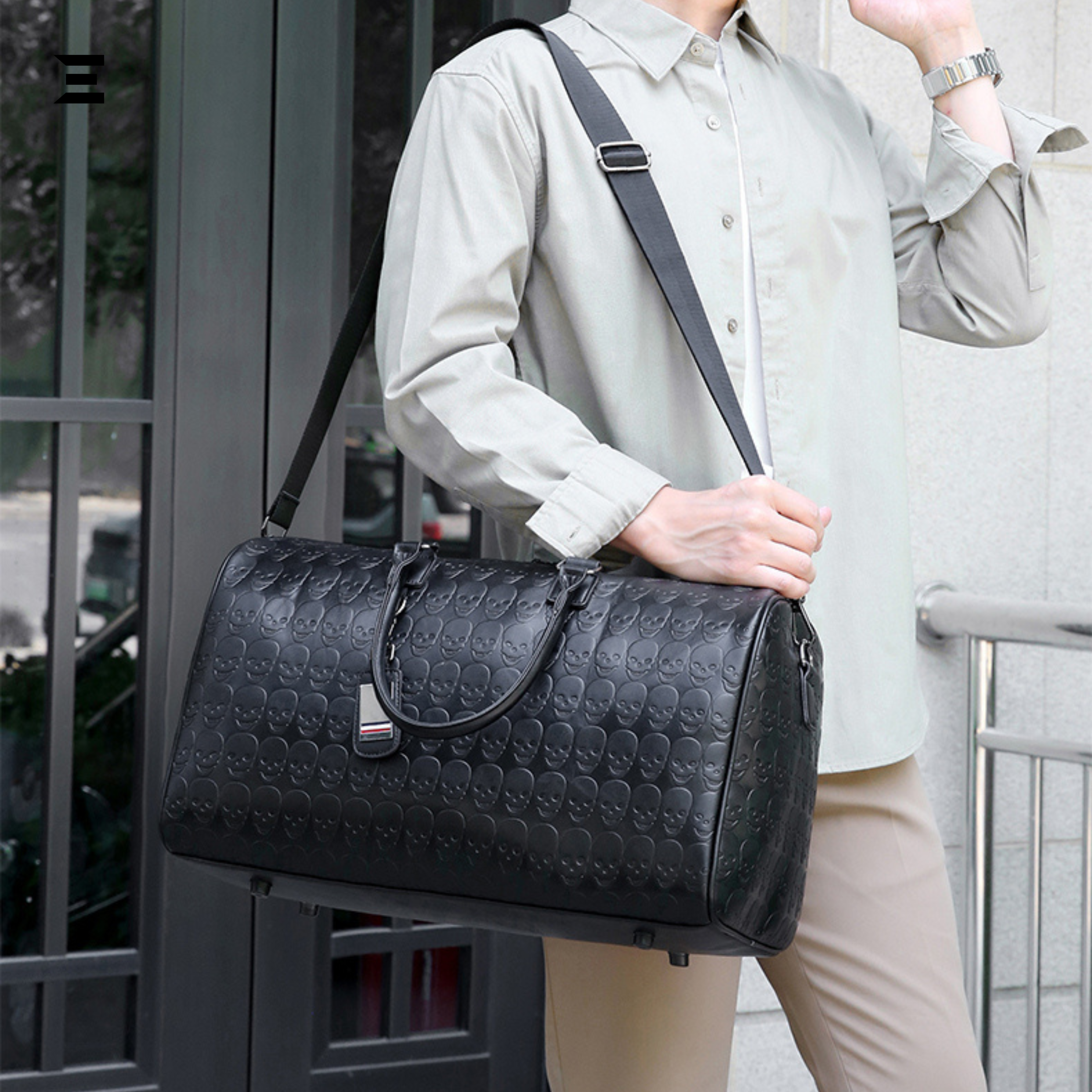 Black Skull Embossed Leather Travel Duffle Bag – Large Capacity Multi-Functional Luggage Bag IBRELIA