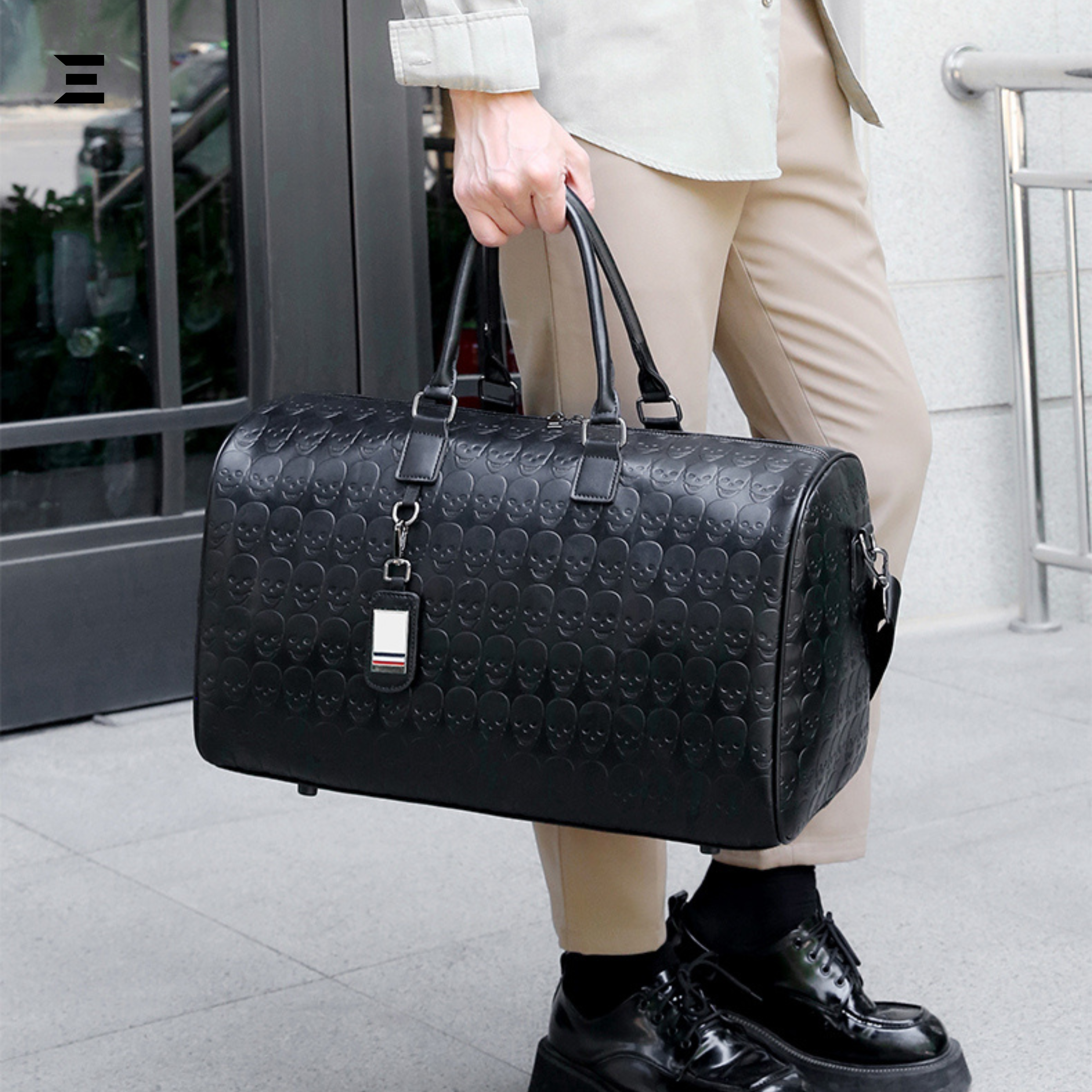 Black Skull Embossed Leather Travel Duffle Bag – Large Capacity Multi-Functional Luggage Bag IBRELIA