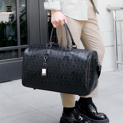 Black Skull Embossed Leather Travel Duffle Bag – Large Capacity Multi-Functional Luggage Bag IBRELIA