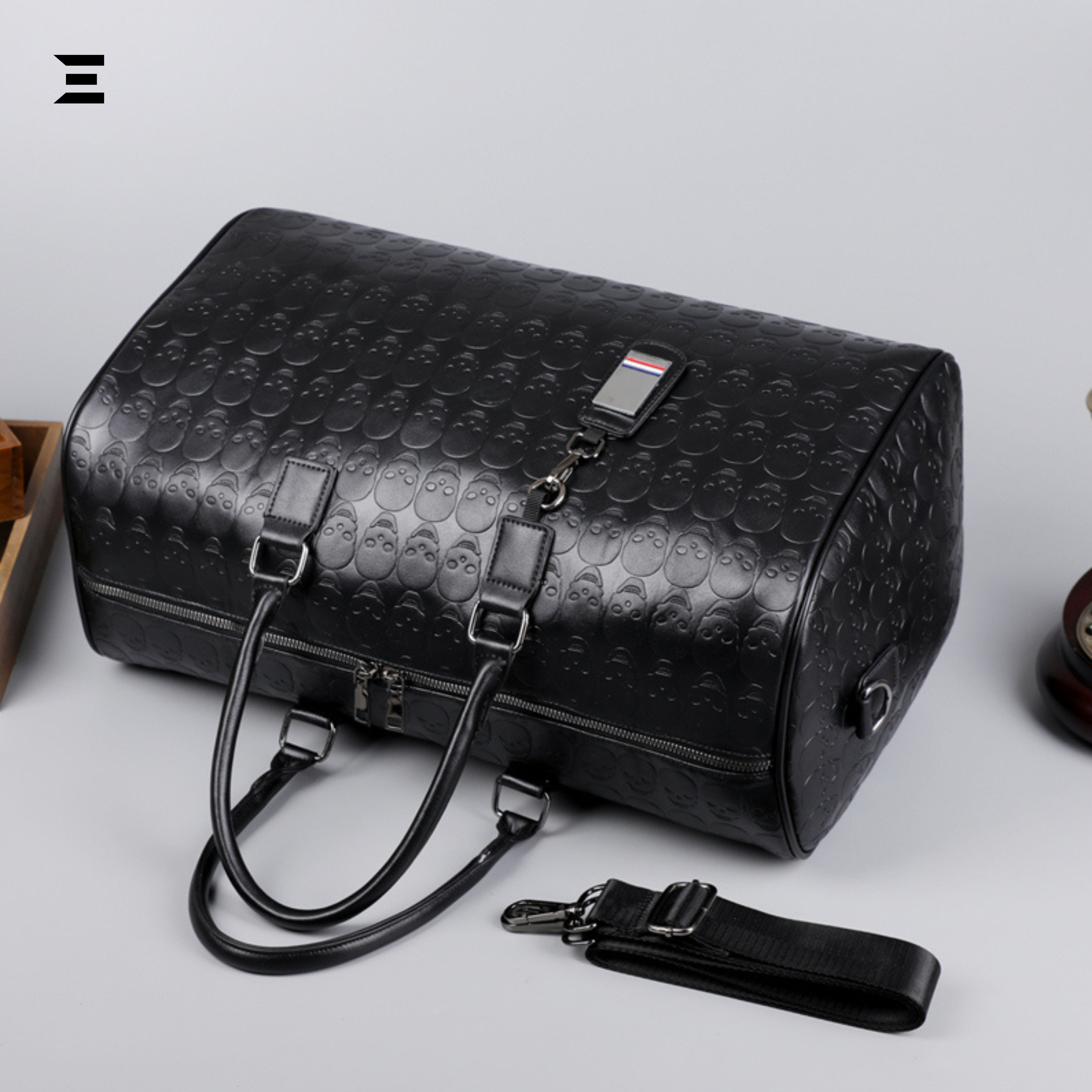 Black Skull Embossed Leather Travel Duffle Bag – Large Capacity Multi-Functional Luggage Bag IBRELIA