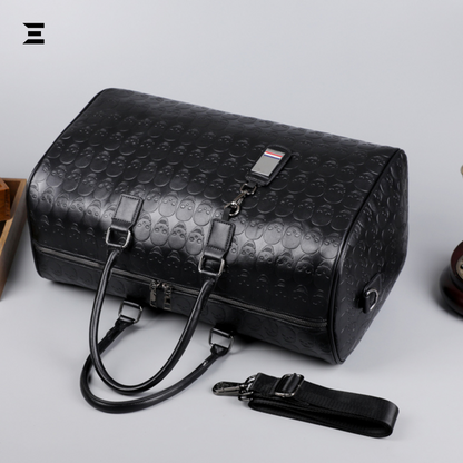 Black Skull Embossed Leather Travel Duffle Bag – Large Capacity Multi-Functional Luggage Bag IBRELIA