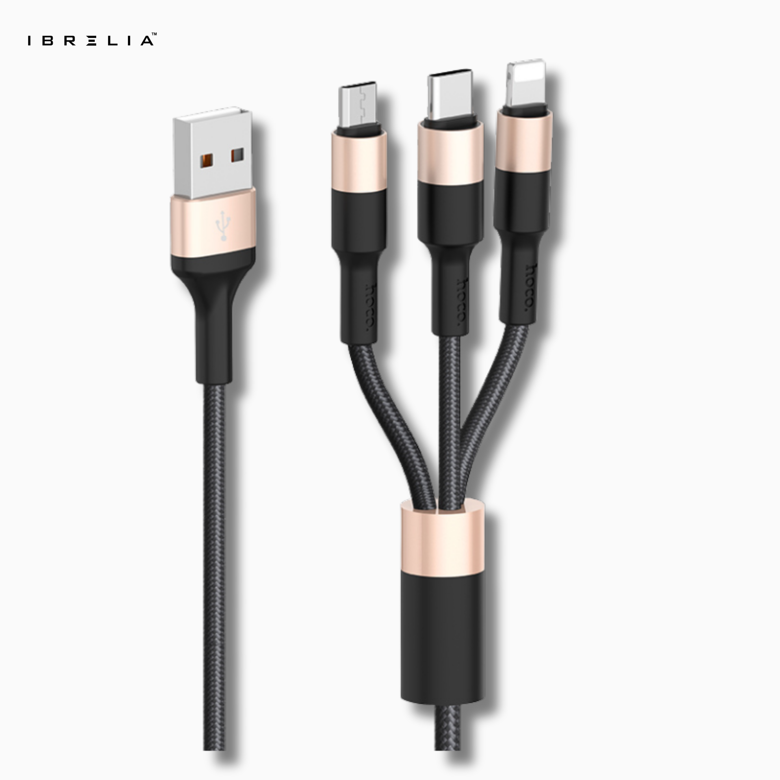 HOCO X26 Xpress 3-in-1 Charging Cable (iP + Micro + Type-C) – 2A Fast Charge | IBRELIA™