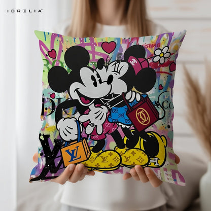 Mickey & Minnie Luxury Cushion – Disney Cartoon Couple Street Art Pillow 15x15 Inch | Double-Sided Print | IBRELIA™ IBRELIA