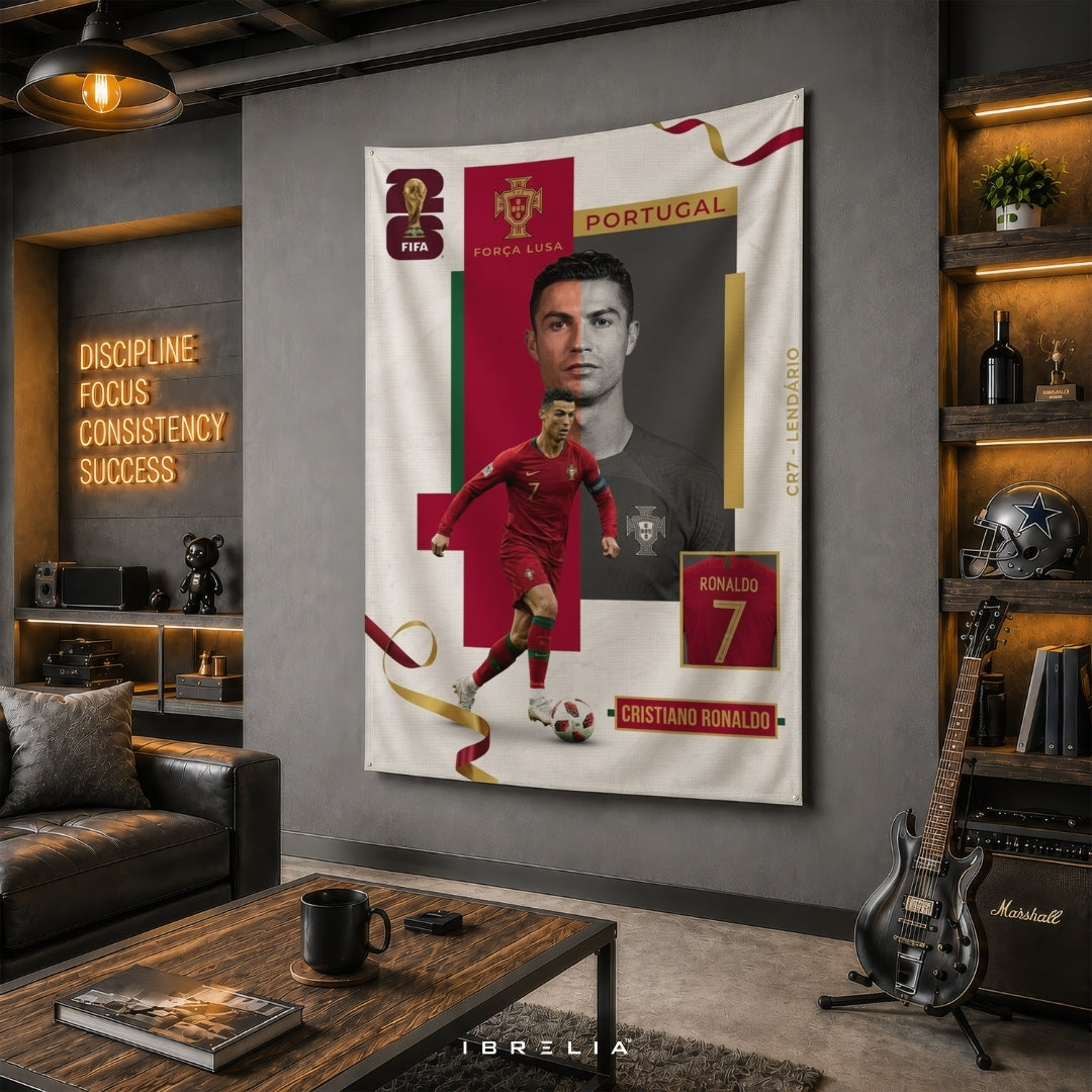 Cristiano Ronaldo CR7 Legend Edition – Portugal Premium Jute Fabric Tapestry – IBRELIA™