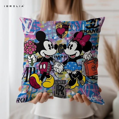 Mickey & Minnie Love Cushion – Disney Cartoon Couple Luxury Street Art Pillow 15x15 Inch | Double-Sided Print | IBRELIA™ IBRELIA