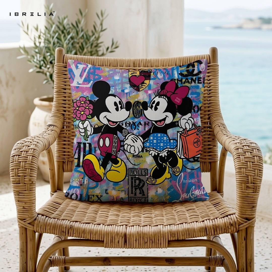 Mickey & Minnie Love Cushion – Disney Cartoon Couple Luxury Street Art Pillow 15x15 Inch | Double-Sided Print | IBRELIA™ IBRELIA