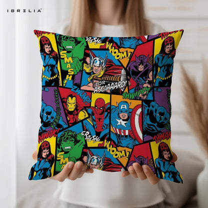 Marvel Avengers Comic Cushion – Spider-Man, Iron Man, Captain America & Hulk Superhero Pillow 15x15 Inch | Double-Sided Print | IBRELIA™ IBRELIA
