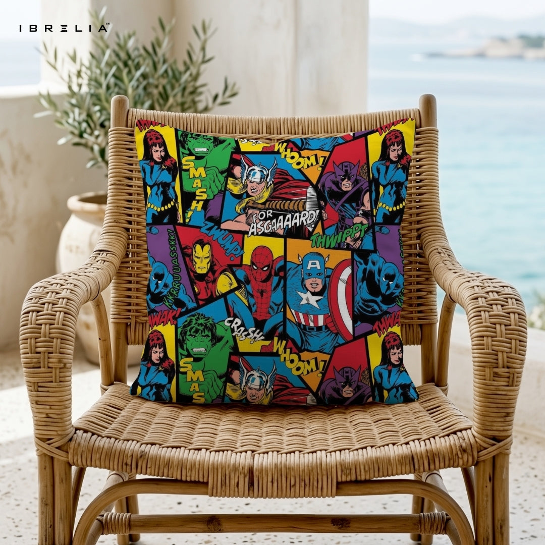 Marvel Avengers Comic Cushion – Spider-Man, Iron Man, Captain America & Hulk Superhero Pillow 15x15 Inch | Double-Sided Print | IBRELIA™ IBRELIA