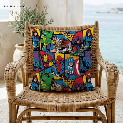 Marvel Avengers Comic Cushion – Spider-Man, Iron Man, Captain America & Hulk Superhero Pillow 15x15 Inch | Double-Sided Print | IBRELIA™ IBRELIA