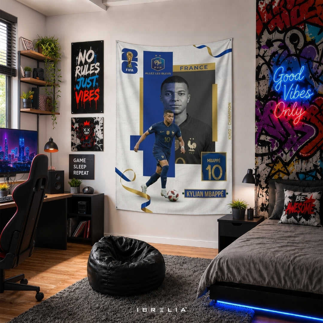 Kylian Mbappé France Champion Edition – Premium Jute Fabric Tapestry – IBRELIA™