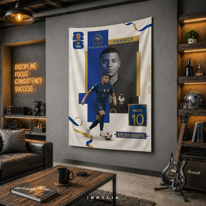 Kylian Mbappé France Champion Edition – Premium Jute Fabric Tapestry – IBRELIA™