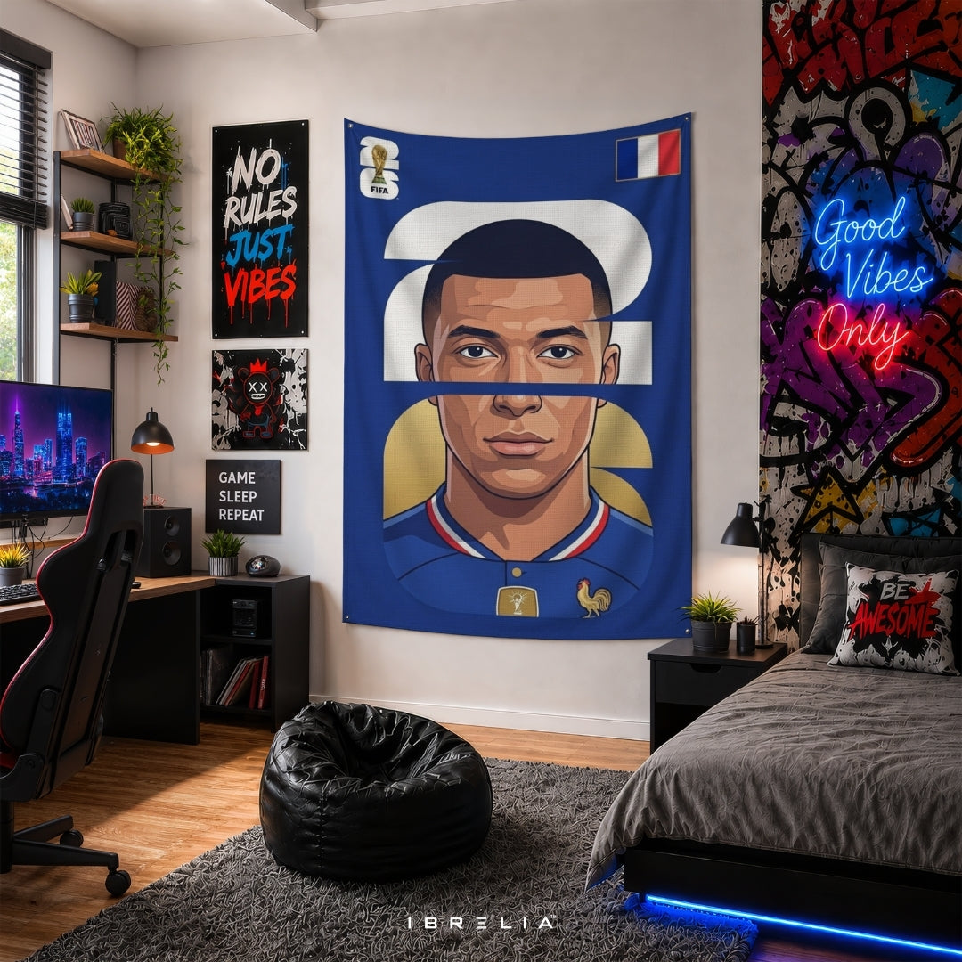 Kylian Mbappé France Number 10 Graphic Edition – Premium Jute Fabric Tapestry – IBRELIA™