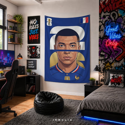 Kylian Mbappé France Number 10 Graphic Edition – Premium Jute Fabric Tapestry – IBRELIA™