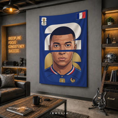 Kylian Mbappé France Number 10 Graphic Edition – Premium Jute Fabric Tapestry – IBRELIA™