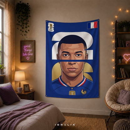 Kylian Mbappé France Number 10 Graphic Edition – Premium Jute Fabric Tapestry – IBRELIA™