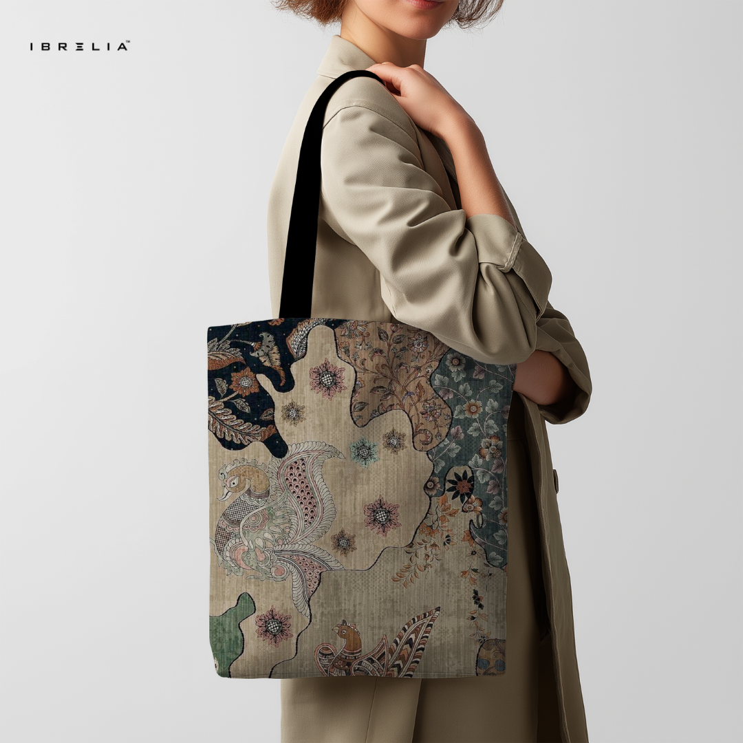 IBRELIA™ Heritage Art Premium Jute Tote Bag with Velvet Handles, Satin Lining & Inner Zip Pocket IBRELIA