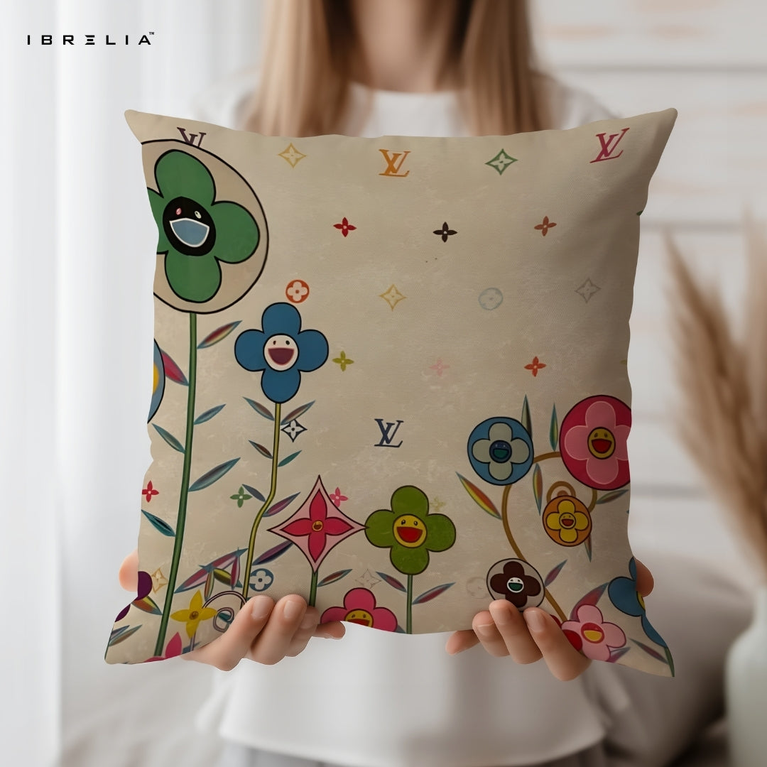 Colorful Floral Cartoon Cushion – 15x15 Inch Decorative Pillow | Fun Flower Design | Double-Sided Print | Premium Fibre Filling | IBRELIA™ IBRELIA