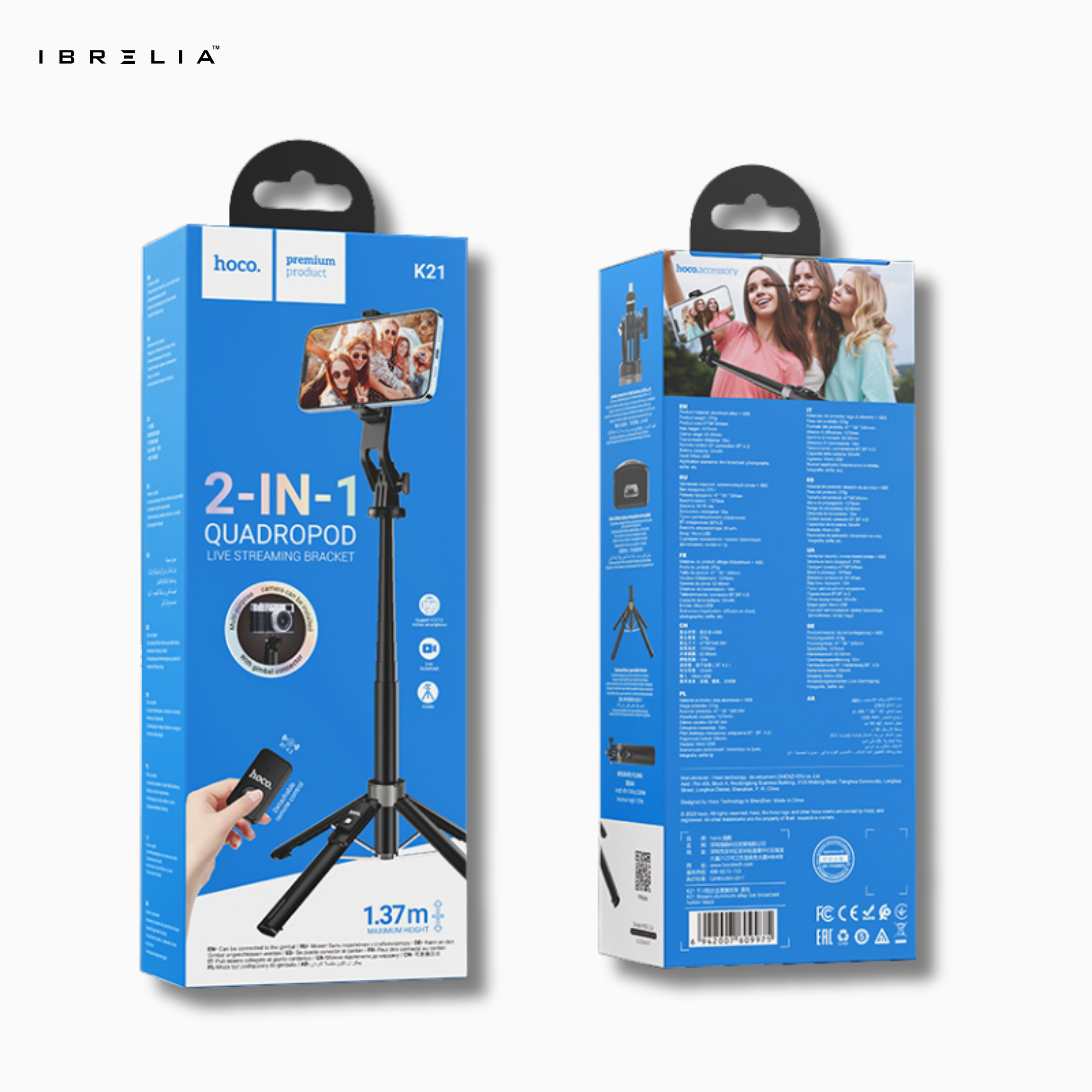 HOCO K21 – 2-in-1 Quadropod Live Streaming Tripod (1.37m Height + Bluetooth Remote) | IBRELIA™