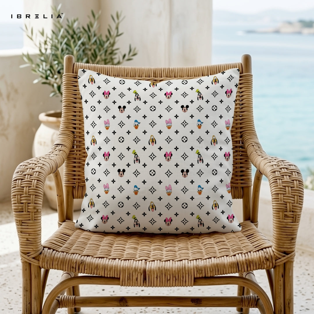 Disney Characters Pattern Cushion – Mickey Mouse, Minnie, Donald Duck & Pluto Monogram Style Pillow 15x15 Inch | IBRELIA™ IBRELIA
