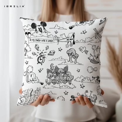 Mickey Mouse Sketch Cushion – Disney “It All Started With A Mouse” Doodle Pillow 15x15 Inch | Minimal Cartoon Cushion | IBRELIA™ IBRELIA