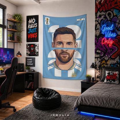 Lionel Messi Argentina Number 10 Graphic Edition – Premium Jute Fabric Tapestry – IBRELIA™