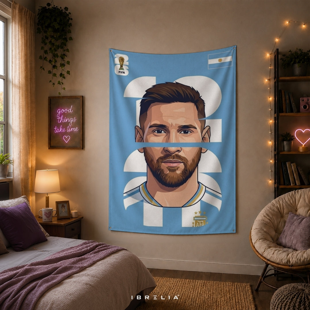 Lionel Messi Argentina Number 10 Graphic Edition – Premium Jute Fabric Tapestry – IBRELIA™
