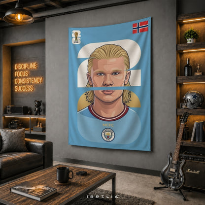 Erling Haaland Norway Number 9 Graphic Edition – Premium Jute Fabric Tapestry – IBRELIA™