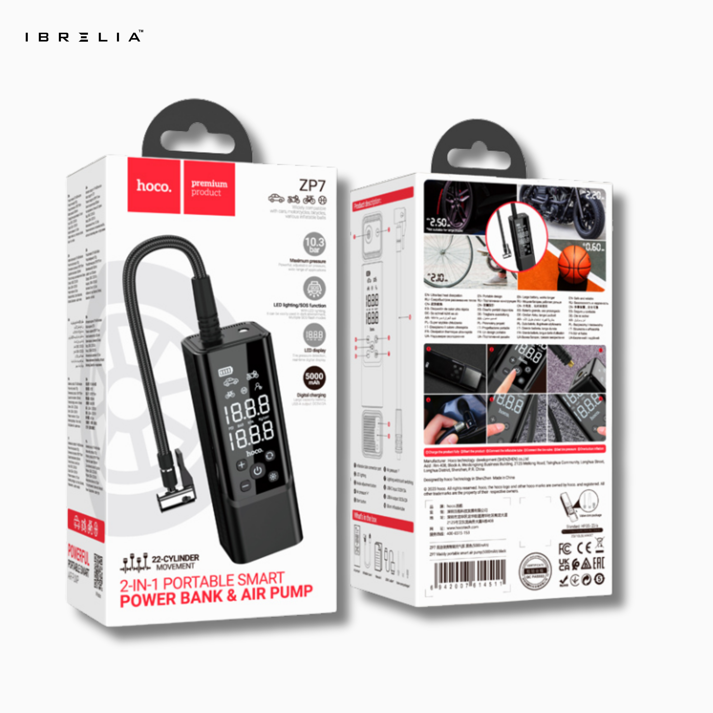 HOCO ZP7 Maddy Portable Smart Air Pump – 5000mAh 2-in-1 Power Bank & Air Compressor | IBRELIA™