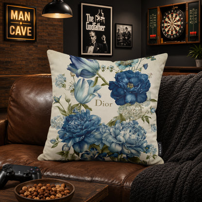 Luxury Blue Floral Designer Cushion | Premium Velvet Suede | Double-Sided Print